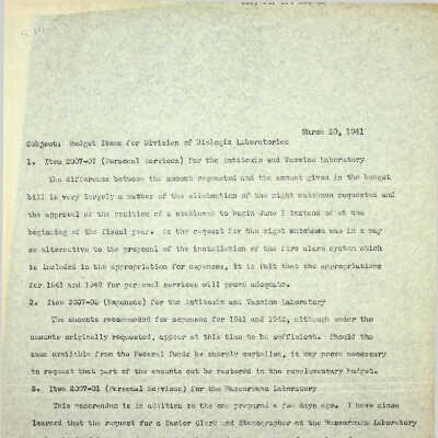 Budget Items for Division of Biologic Laboratories