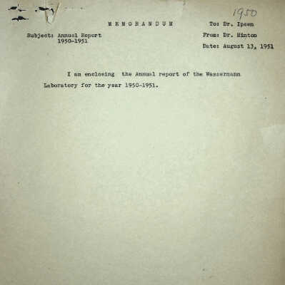 Annual Report of Wassermann Laboratory 1950-1951