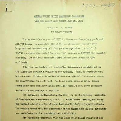 Annual Report of the Wassermann Laboratory for the Fiscal Year Ending June 30, 1958