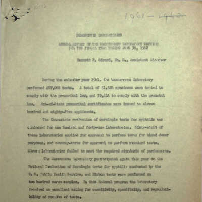 Annual Report of the Wassermann Laboratory Section for the Fiscal Year Ending June 30, 1962
