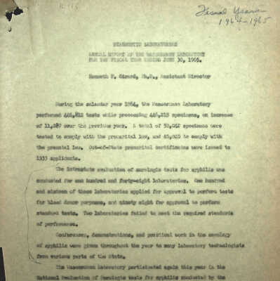 Annual Report of the Wassermann Laboratory for the Fiscal Year Ending June 30, 1965