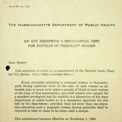 An Act Requiring a Serological Test for Syphilis of Pregnant Women