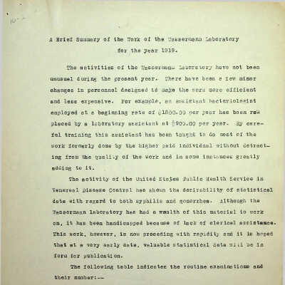A Brief Summary of the Work of the Wassermann Laboratory for the year 1919