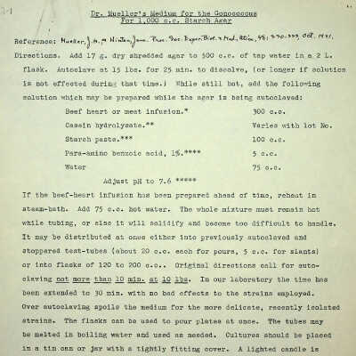 Dr. Muller's Medium for the gonococcus for 1000 cc Starch Agar (Reference Date 1941)