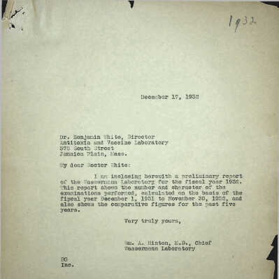 Preliminary Fiscal Report of Wassermann Laboratory 1932