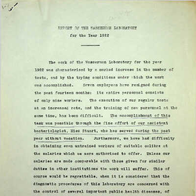 Wassermann Lab Annual Report 1922