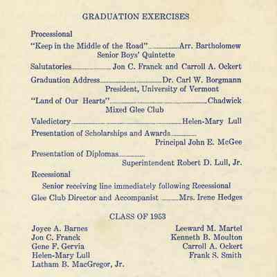 Commencement Brochure Shelburne High School 18 June 1953 contents