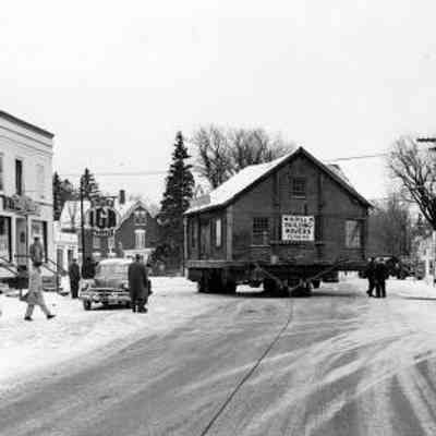 Blacksmith and Wheelright Shop being moved to Shelburne Museum