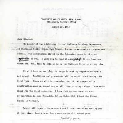 CVUHS Pricipals letter to Sudents August 12 1964