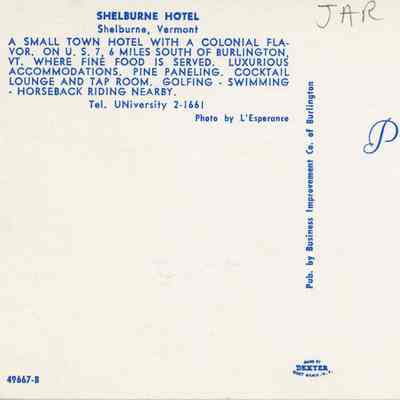 Postcard Shelburne Hotel back