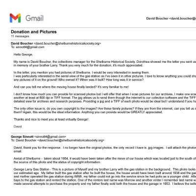 2023.21.1.7 Correspondence by Email between George Sinnott and Shelburne Historical Society. Contains much more information about the Sinnott family and surrounding area.