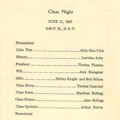 Shelburne High School Class Night 1947 Program contents