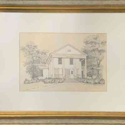 Ink drawing framed Hugh Ramsden Pierson Library Shelburne Vermont