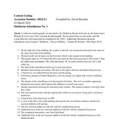 Shelburne School No 1 Collection Inventory