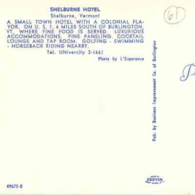 Postcard Shelburne Hotel back