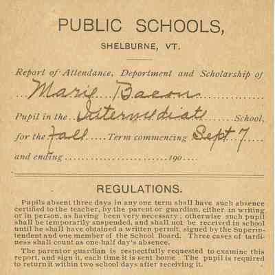 Marie Bacon School Report 1909 front