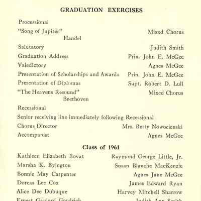 Shelburne High School Commencement 1961 program contents