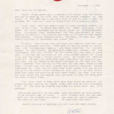 Letter from Walter Richards to the Viets Sisters about Mark and Gertrude Richards 76th Christmas