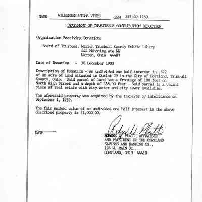 Wilhemien Viets grant of property to the Warren Trumbull County Library