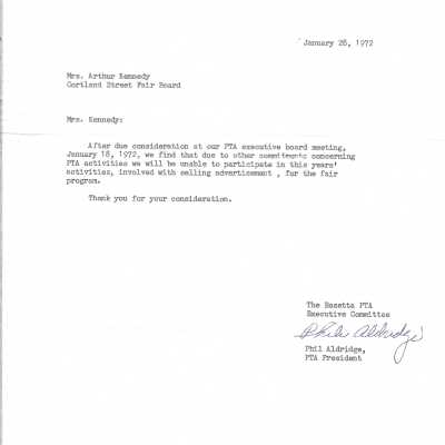 Letter from Bazetta PTA to Cortland Street Fair Board declining participation