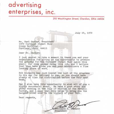 Letter from advertising enterprises Inc. thanking the Street Fair for opportunity to print programs