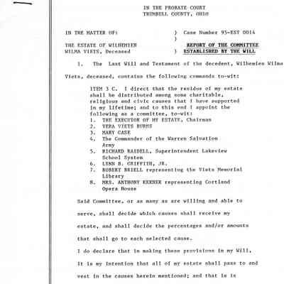 Report of committee established by the will of Wilhemien Viets