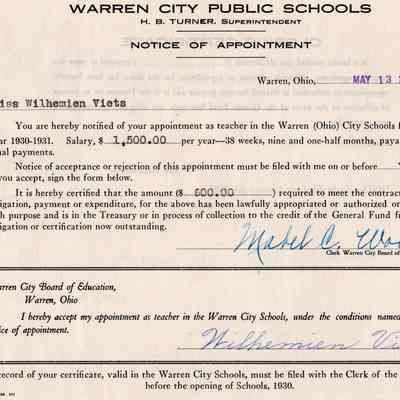 Wilhemien Viets Teacher Notice of appointment 1930