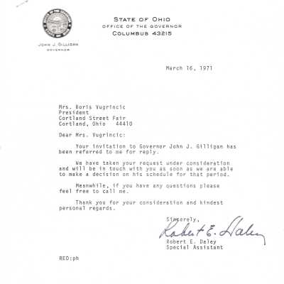 Response from Governor Gilligan to Street Fair president concerning the invitation to be Grand Marshal of the Street Fair Parade