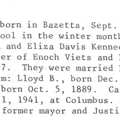 Biographical Information from Historical Collections of Bazetta Township Cortland, Ohio by Thomas J. Kachur 1983