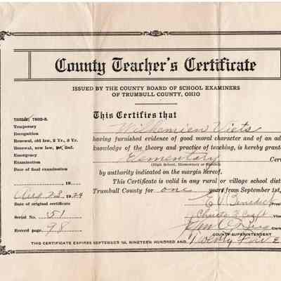 Wilhemien Viets County Teacher's Certificate 1924