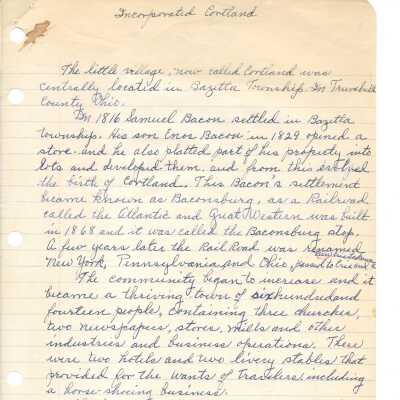Account of the incorporation of Cortland and Historic events of Early Cortland by Olga Hitchcock