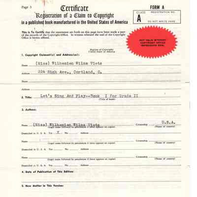 Certificate for Copyright of Let's Sing And Play--Book I for Grade II