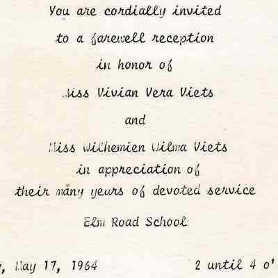 Invitation to the retirement reception for Vera and Wilhemien Viets