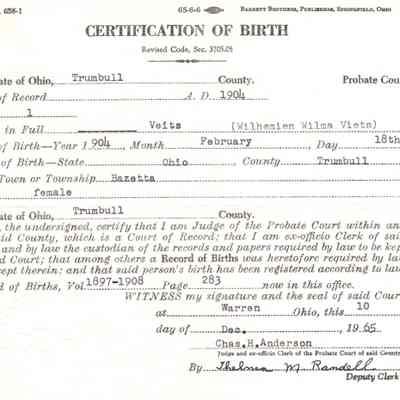Wilhemiein Viets Certificate of Birth 1904