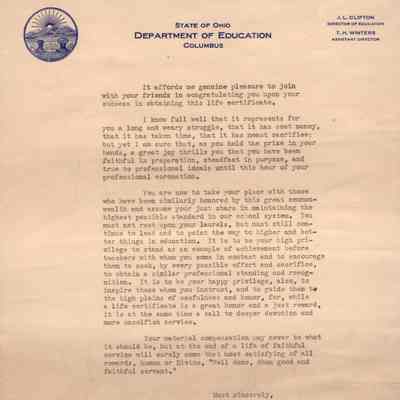 Letter from State Department of Education - Life Certificate