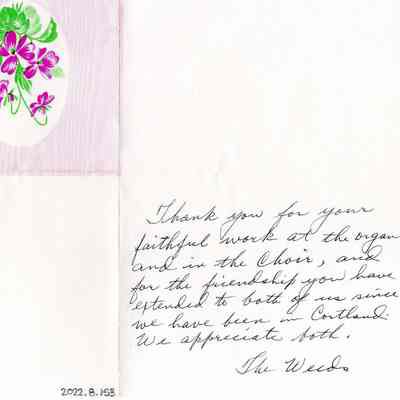 Thank you note from the Weeds to Wilhemien Viets for Music