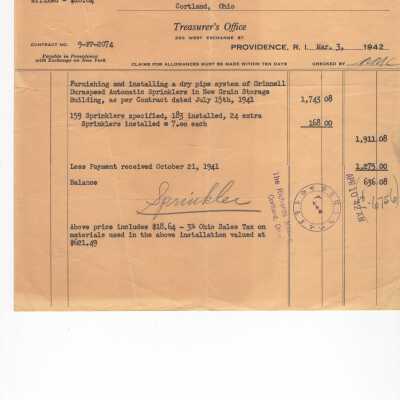 Invoice for dry pipe sprinkler System for the Richards Milling Co.