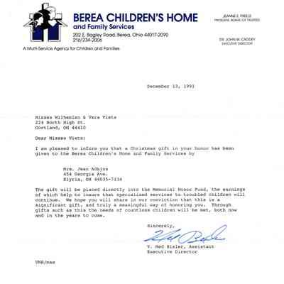 Notification of gift given to Berea Children's Home and response