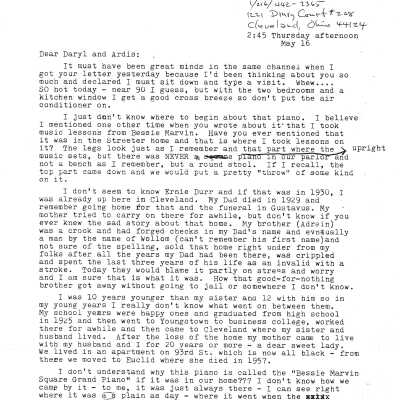 Letter from Christina Tweed discussing the Marvin Piano