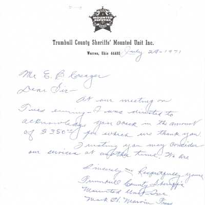 Thank you note from Trumbull County Sheriffs' Mounted Unit, Inc.