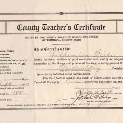 Wilhemien Viets County Teacher's Certificate
