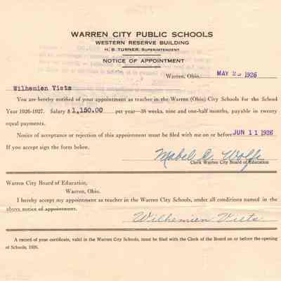 Wilhemien Viets Notice of appointment Warren City Public Schools 1926