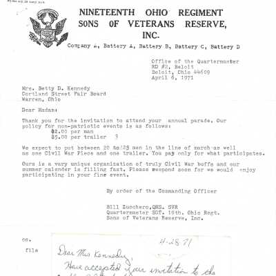 Proposal to the Street Fair Board from the Nineteenth Ohio Regiment