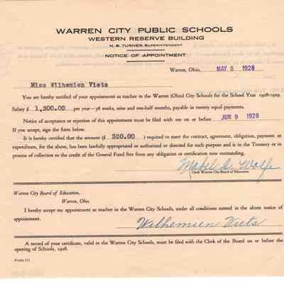 Wilhemien Viets Warren Notice of Appointment 1928