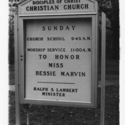 Disciples of Christ Christian Church Sign recognizing Bessie Marvin
