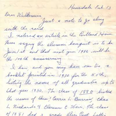 Letter discussing the 100th Anniversary of the Cortland Schools
