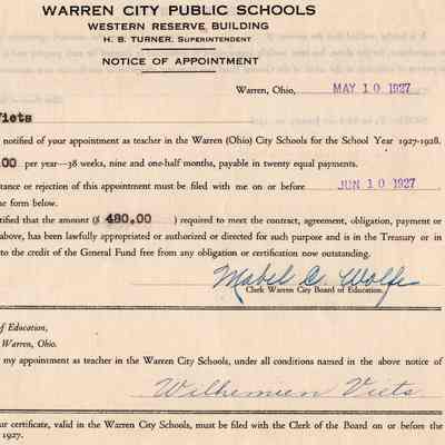 Wilhemien Viets Notice of appointment 1927