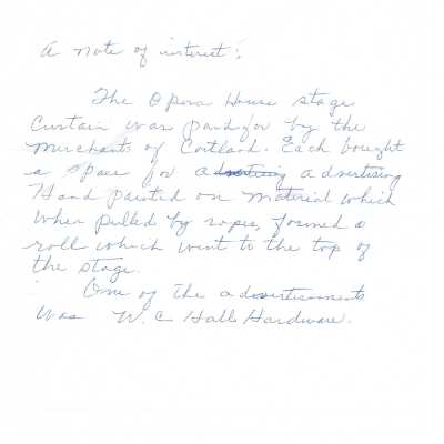 A note of Interest describing the Opera House Curtain and Advertising on the Stage Curtain