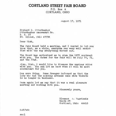 Letter from the Street Fair Board to Otterbacher Amusement Co.