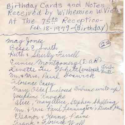 Wilhemien W. Viets 75th Birthday cards and notes list 10 pages